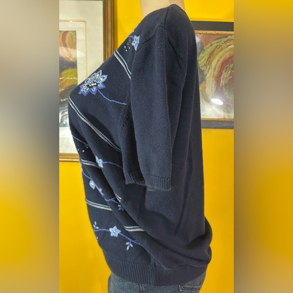 Alfred Dunner Womens Embroidered Floral Blue Short Sleeve Pullover Sweater - Picture 3 of 11